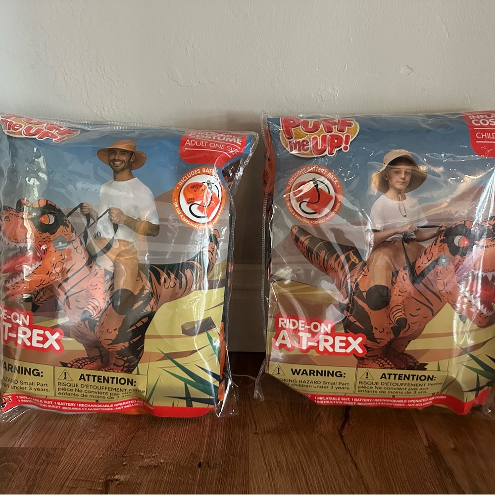 Two Inflatable Ride-On T-Rex Costumes (1 Adult, 1 Child)